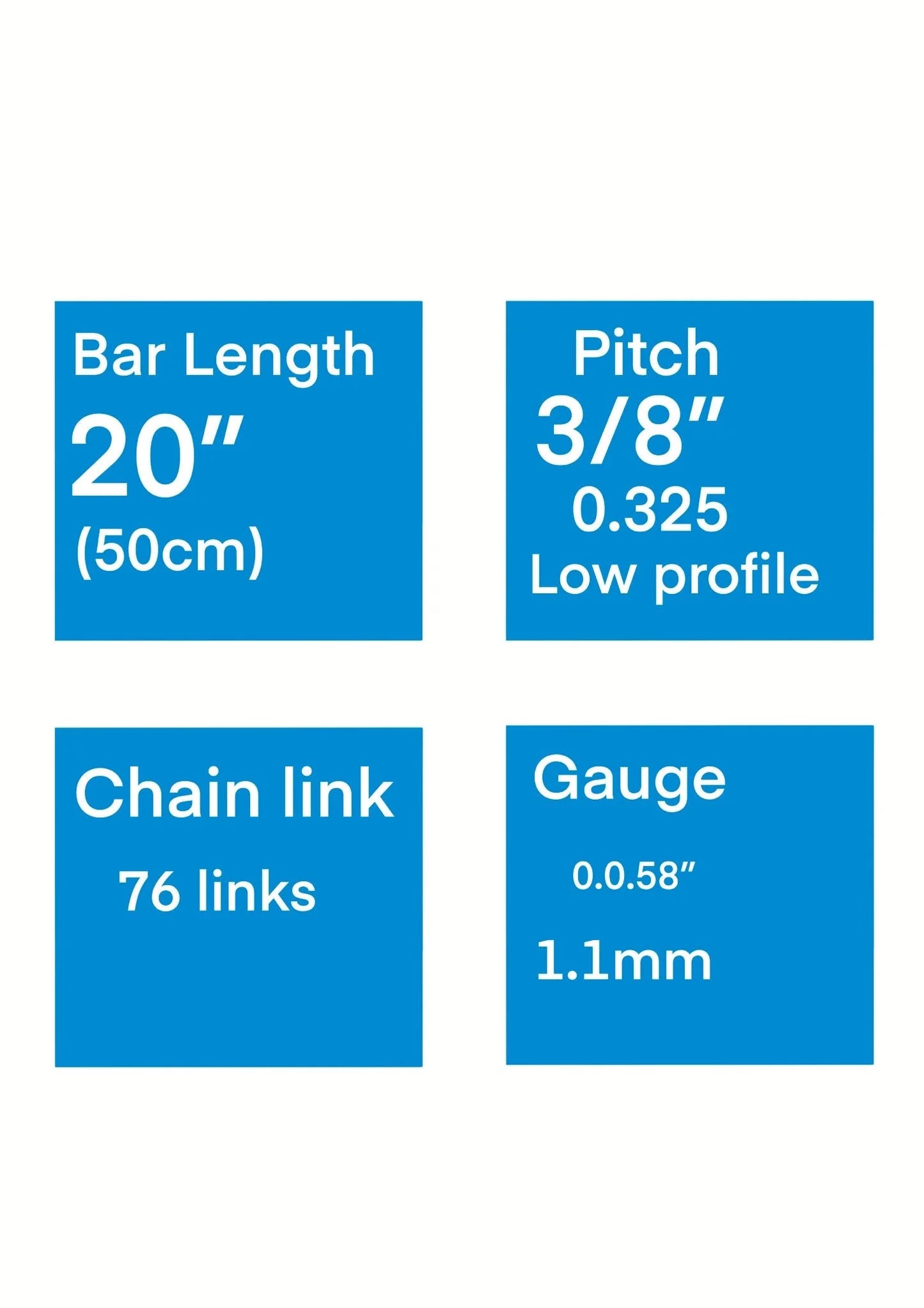 BU-KO Chainsaw Chain 20-inch specs with Length, Pitch, Link, Gauge