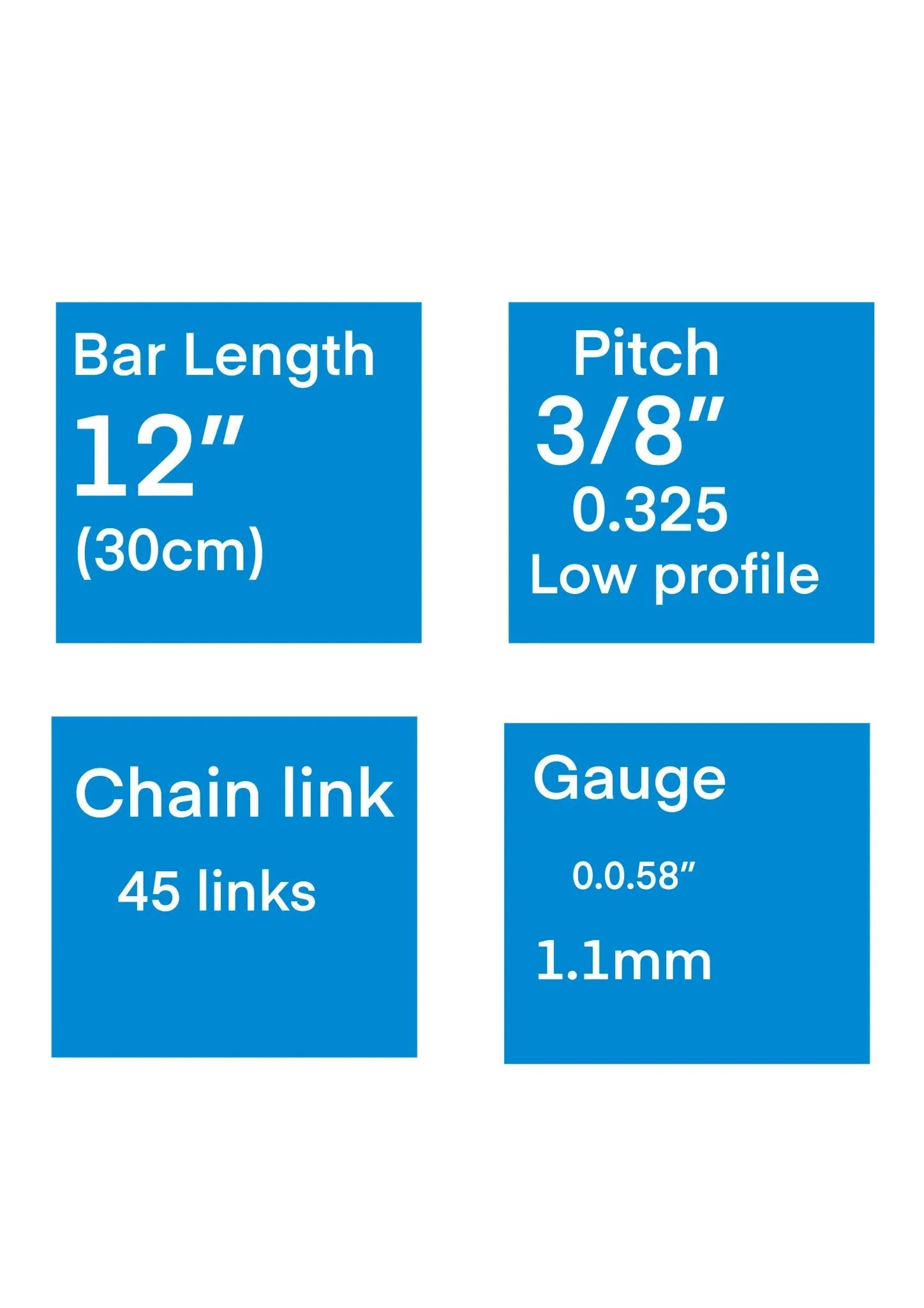 Universal 12-inch Chain Specs are Bar length, Pitch, Link, Gauge